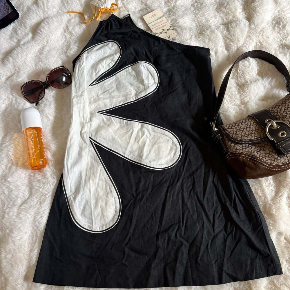 Farm Rio One-Shoulder Flower Mini Dress Size S Black